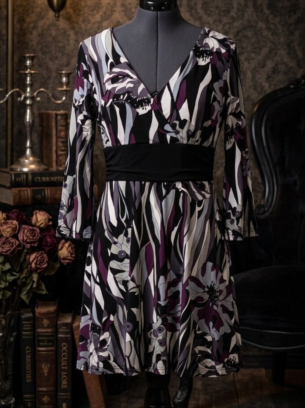 Reitmans Whimsygoth Floral V-Neck Empire Waist Dress with Bell Sleeves - Size L